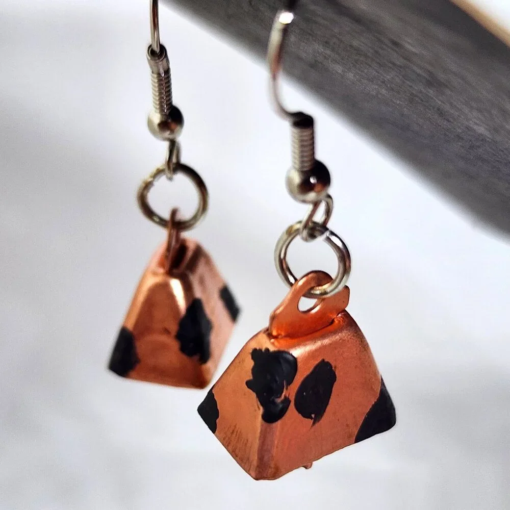 Copper Cow Bell Spot Handmade Craft Dangle Drop Pierced Earrings